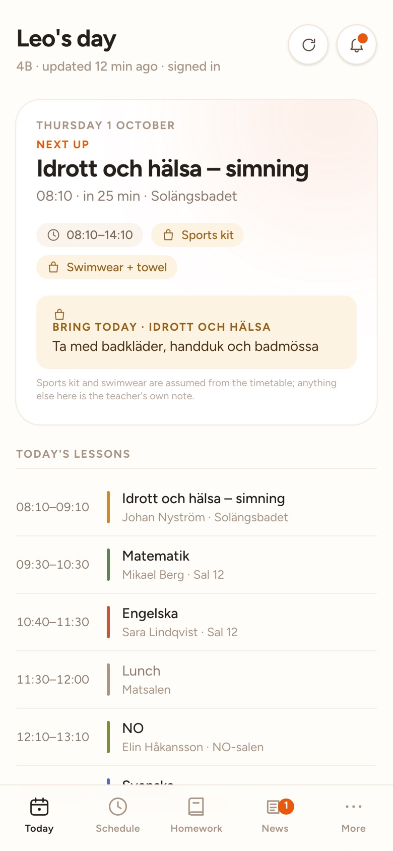 Diario's Today view with the next lesson and what to bring