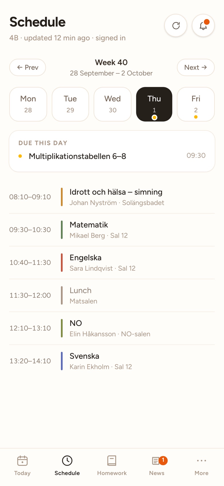 Diario's week schedule