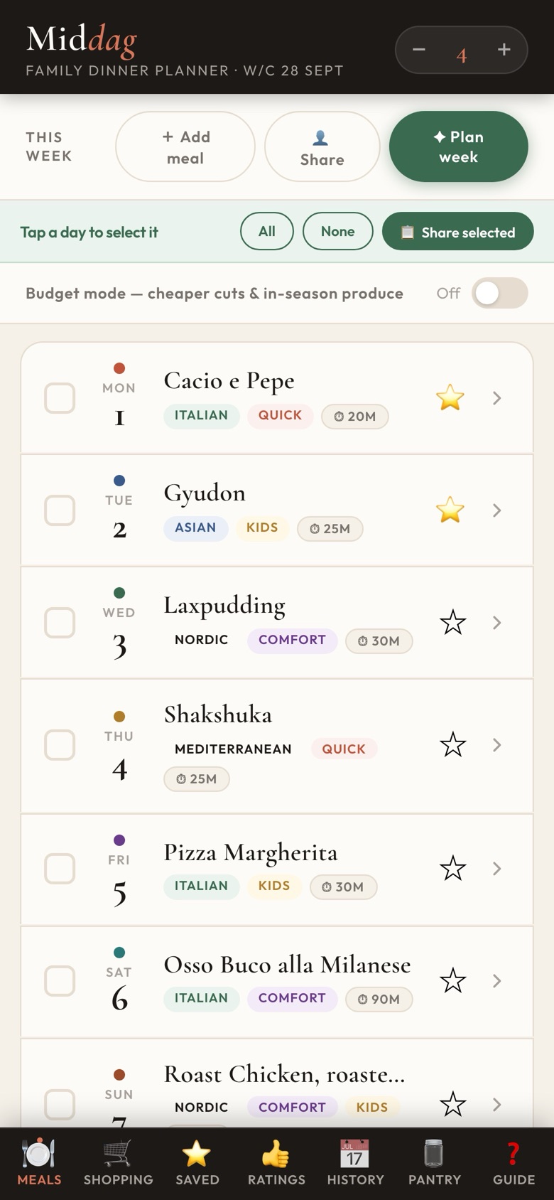 Middag week view with seven planned dinners