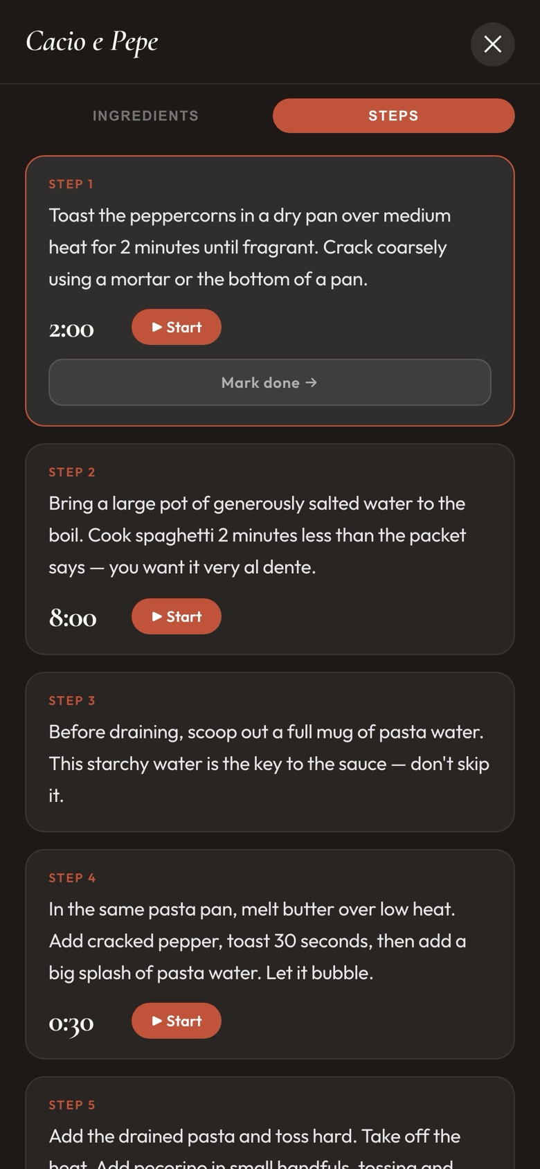 Cook mode showing recipe steps with timers