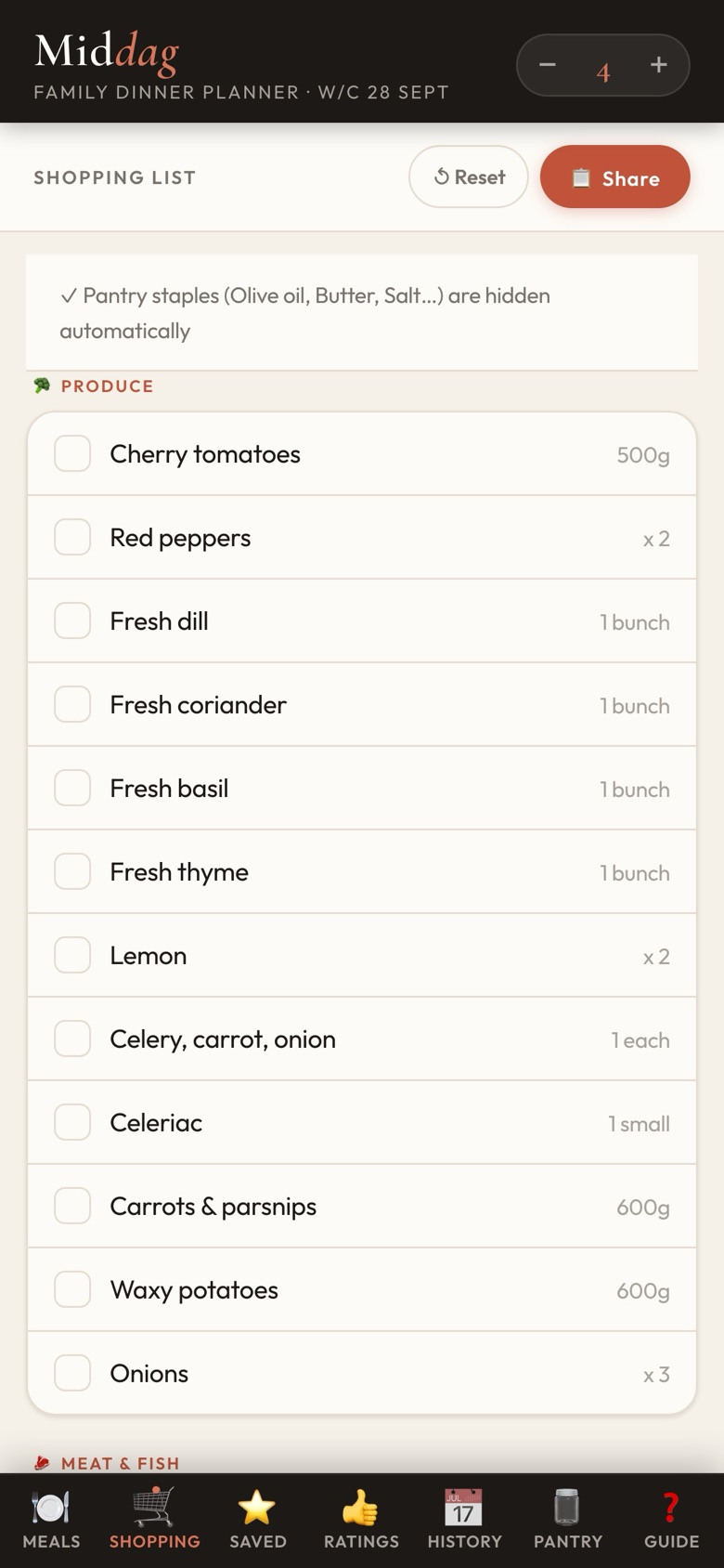 Shopping list grouped by supermarket aisle